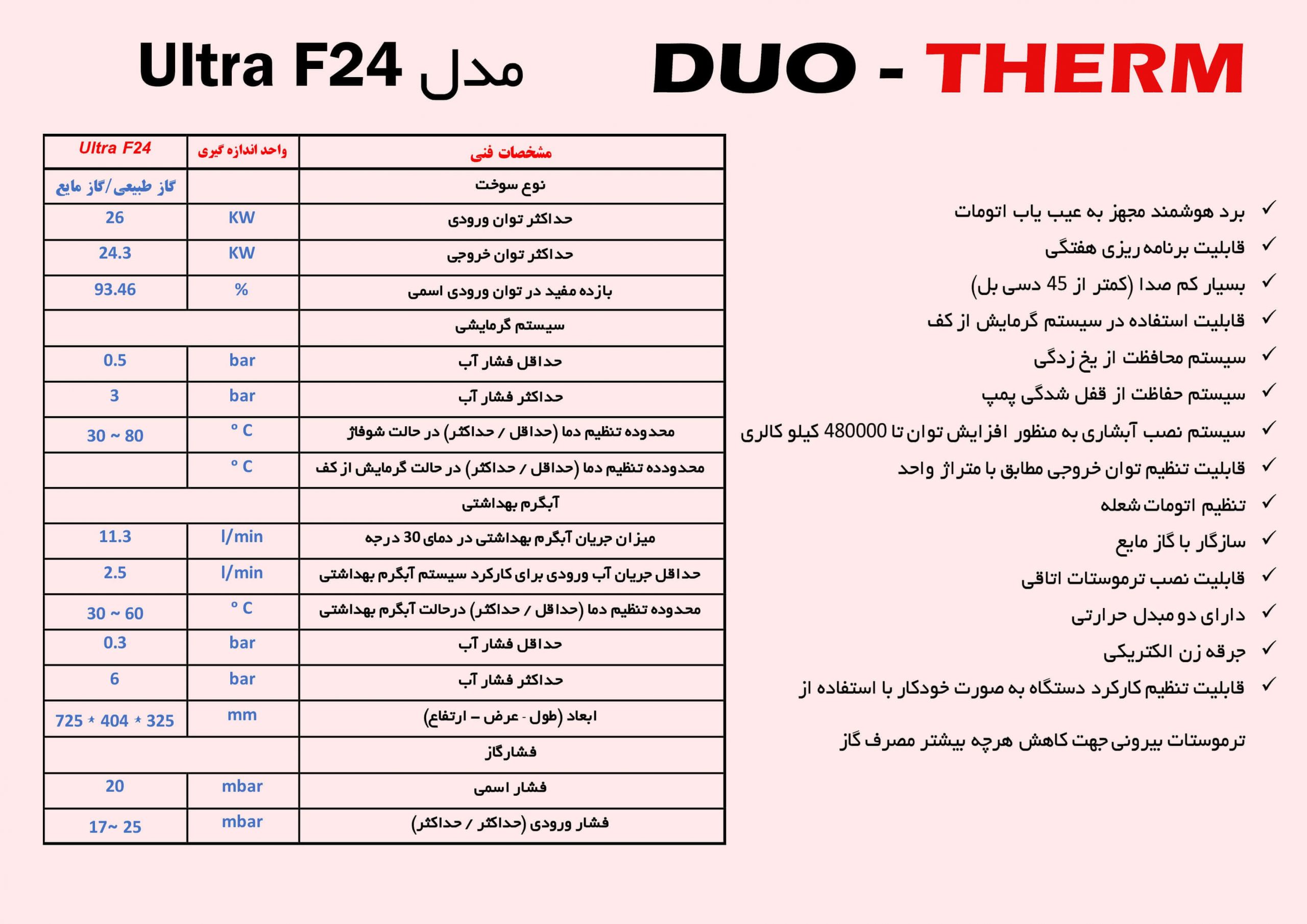 مشخصات پکیج شوفاژ دیواری دئوترم مدل الترا 24 Ultra 24f